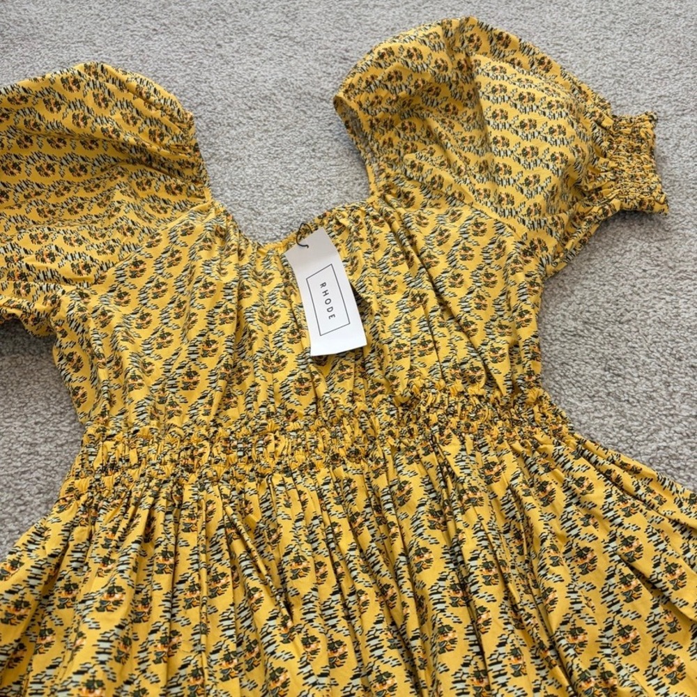 Rhode Anika Mini Dress Womens L Yellow Floral Puff Sleeve Peasant Boho Cottage - Picture 9 of 9